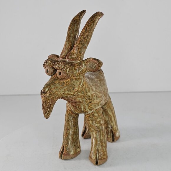Handcrafted Pottery Goat Figurine With Textured Glaze For Rustic Decor Signed JB - Picture 5 of 8
